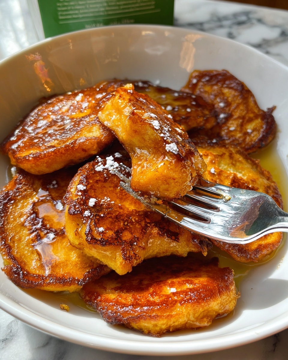 The image shows a white bowl filled with several pieces of golden-brown, slightly burnt, thick pancakes or fritters stacked unevenly. The pieces have a textured, crispy surface with shiny syrup or glaze dripping slightly over them. There are small white powder sprinkles on some pieces. A fork with a shiny metal head is pressing into one piece at the top right, showing the soft inside and crispy outside layers. The bowl sits on a white marbled surface, and in the background, there is a carton with green text partially visible. Photo taken with an iphone --ar 4:5 --v 7