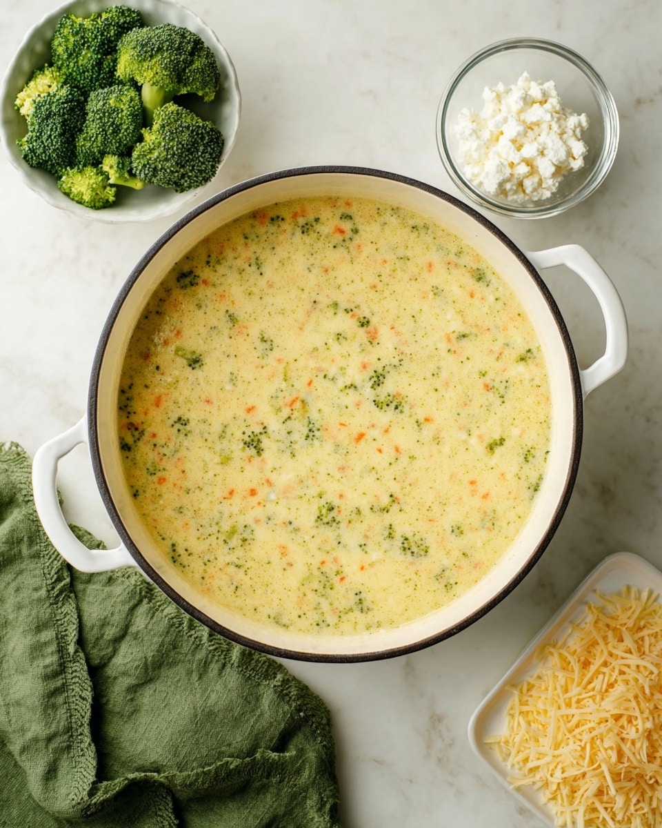 A large white pot filled with creamy broccoli soup showing small green broccoli pieces and tiny orange carrot bits evenly mixed throughout the pale yellow soup base. To the left, a small white bowl holds bright green broccoli florets, with one broccoli piece lying next to it on a white marbled surface. At the top right, a small clear glass bowl contains white cottage cheese, and at the bottom right, shredded pale yellow cheese is on a white square plate. A green cloth napkin is placed near the bottom left corner. Photo taken with an iphone --ar 4:5 --v 7