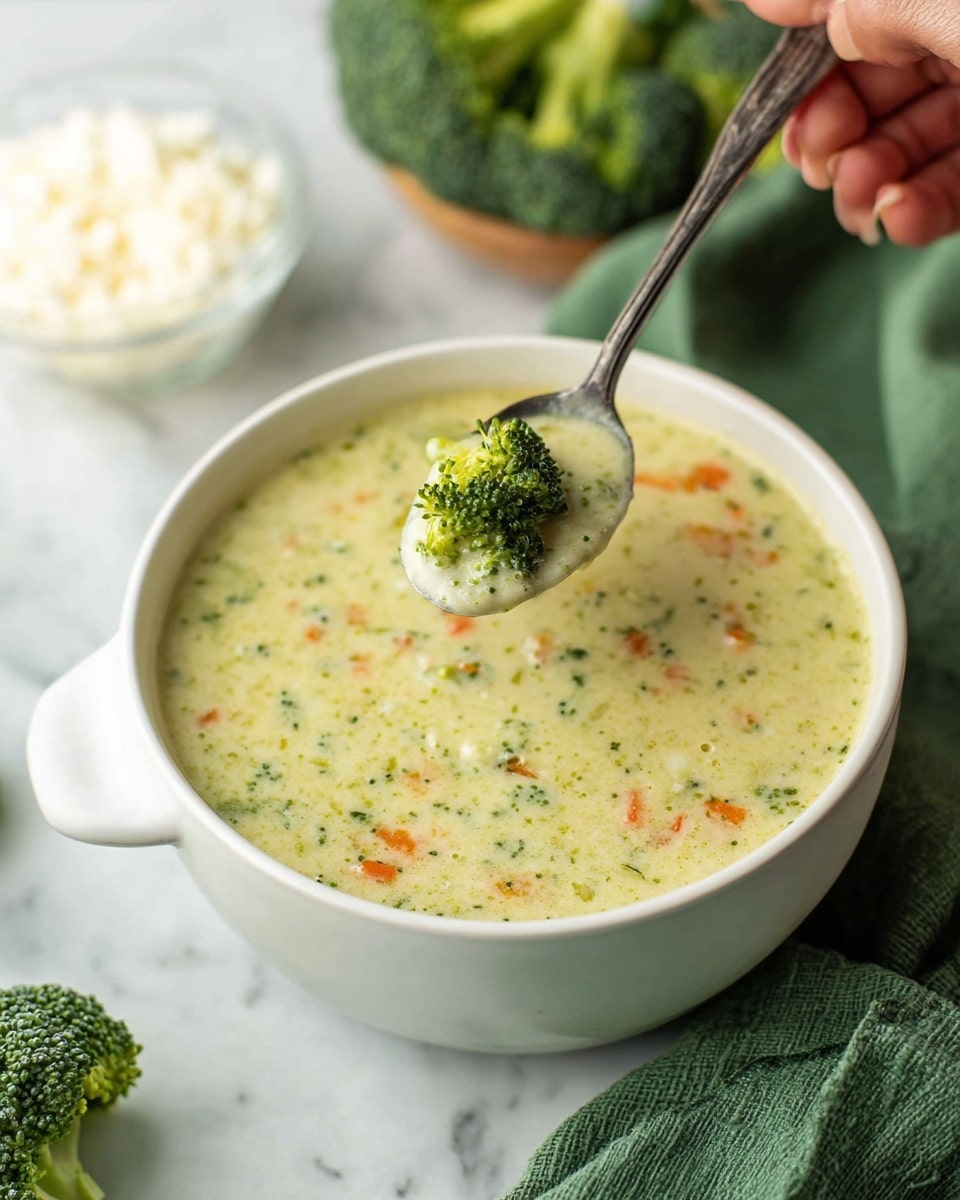 A white bowl filled with creamy broccoli soup that has a smooth pale green base mixed with visible small broccoli pieces and bits of orange carrots throughout. A spoon is held above the bowl by a woman's hand, showing a scoop of the soup with a small broccoli floret and some broth. In the background, there is a white marbled surface with some raw broccoli and a small glass bowl of cottage cheese partially visible. A green cloth napkin is placed near the bowl. Photo taken with an iphone --ar 4:5 --v 7