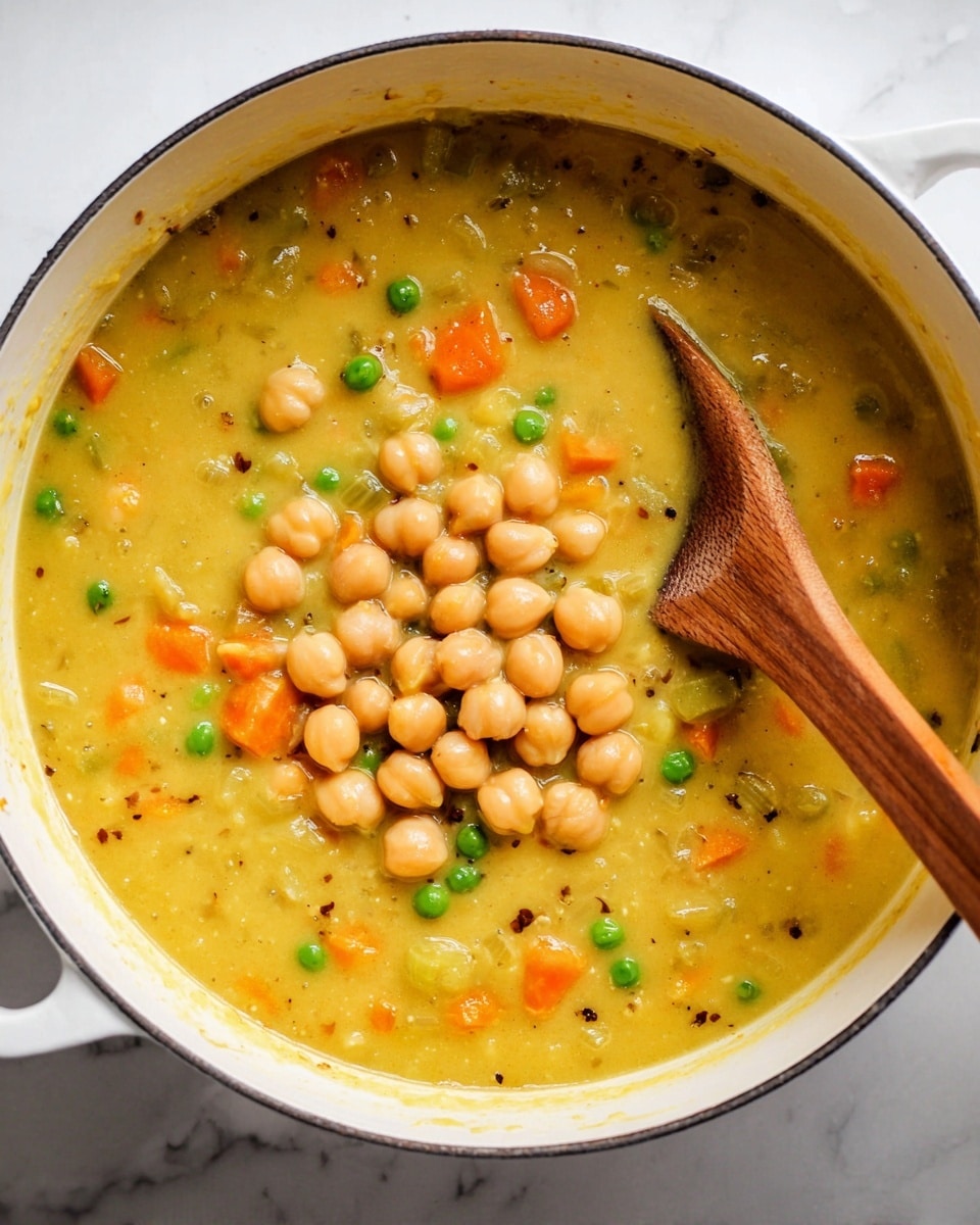 A white pot filled with thick yellow soup that has visible small pieces of orange carrots, green peas, and bits of celery mixed throughout. On top of the soup, there is a cluster of whole beige chickpeas forming one layer. A wooden spoon with a warm brown color is partially submerged in the soup on the right side. The pot is placed on a surface with a white marbled texture. photo taken with an iphone --ar 4:5 --v 7