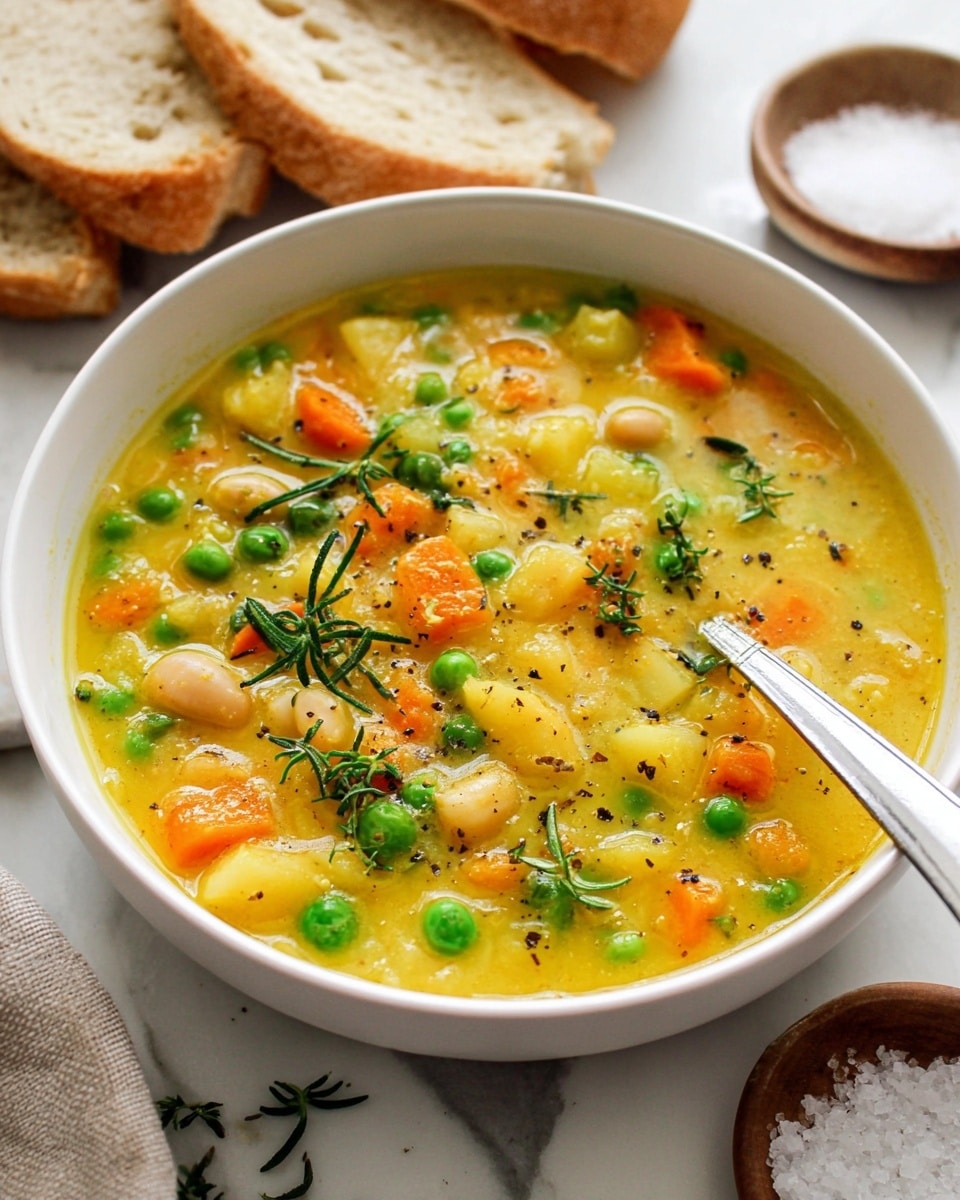 A bowl of thick yellow soup filled with green peas, orange carrot pieces, white beans, and potato chunks, all mixed in a creamy texture. The soup is topped with fresh green herb sprigs and sprinkled with black pepper, making it look fresh and colorful. The bowl is white and placed on a white marbled surface, with a spoon resting inside. In the background, there are two slices of light-colored bread and a small bowl of coarse white salt, adding a cozy touch. Photo taken with an iphone --ar 4:5 --v 7