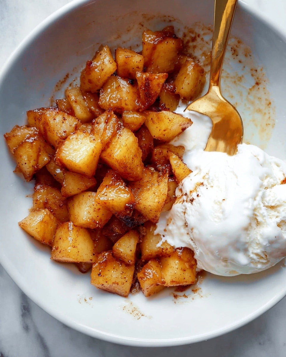 The image shows a close-up of a white bowl filled with small golden brown cooked pieces of fruit, likely pears, that have a slightly caramelized texture with specks of cinnamon or spice on them. On the right side of the bowl is a scoop of creamy white vanilla ice cream that is starting to melt and mix with the fruit. A shiny gold spoon rests in the bowl under some of the fruit pieces, highlighting the warm colors and the soft cream blending together on a white marbled surface. photo taken with an iphone --ar 4:5 --v 7