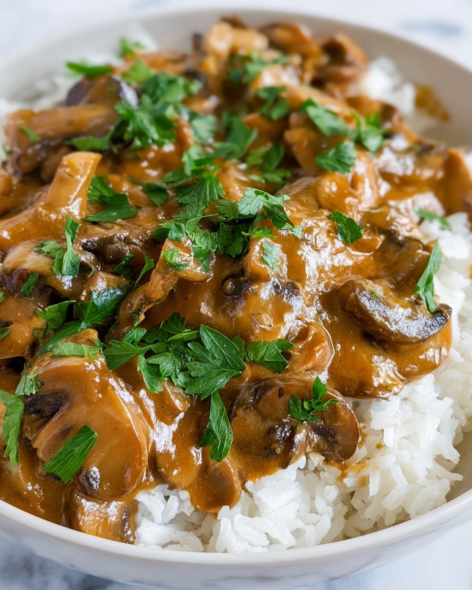 A white bowl with two layers: the bottom layer is soft, white rice with a slightly sticky texture, and the top layer is a thick, creamy orange-brown sauce made with sliced mushrooms and onions. The sauce has a glossy, smooth texture and covers most of the rice. Fresh green parsley leaves are scattered on top, adding a bright pop of color. A silver fork is resting on the edge of the bowl, and the bowl sits on a white marbled surface with a hint of a striped cloth nearby. Photo taken with an iphone --ar 4:5 --v 7