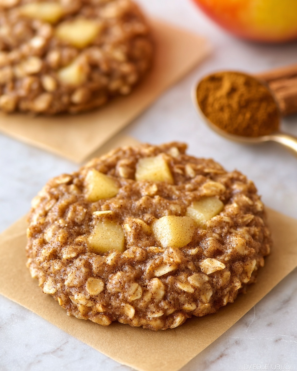 The image shows a close-up of a single round oatmeal cookie with visible chunks of light yellow apple pieces mixed throughout. The cookie has a rough, chewy texture with a mix of light brown and beige colors from the oats and cinnamon. The cookie sits on a square piece of white parchment paper, placed on a white marbled surface. In the background, there is another similar cookie on parchment and a yellow tablespoon filled with ground cinnamon, with a blurred orange apple behind it. Photo taken with an iphone --ar 4:5 --v 7