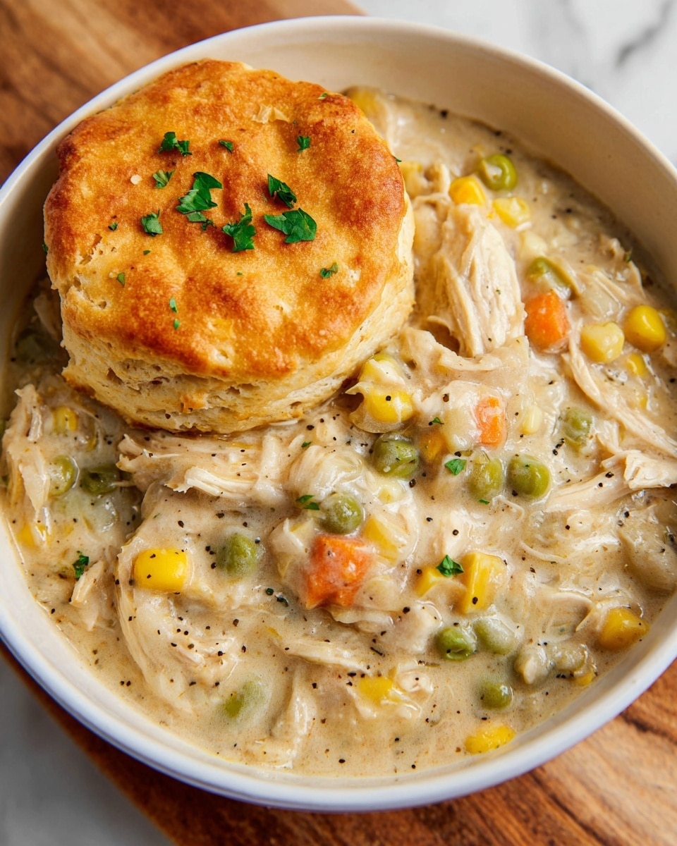 A bowl filled with a thick creamy stew made of shredded white chicken pieces, small green peas, yellow corn, and diced orange carrots mixed in a light beige sauce with visible black pepper specks and small green herb bits. On top of the stew, there is a single golden-brown biscuit with a slightly crispy texture, decorated with a few tiny green parsley leaves. The bowl is white, placed on a wooden surface with a white marbled background. Photo taken with an iphone --ar 4:5 --v 7