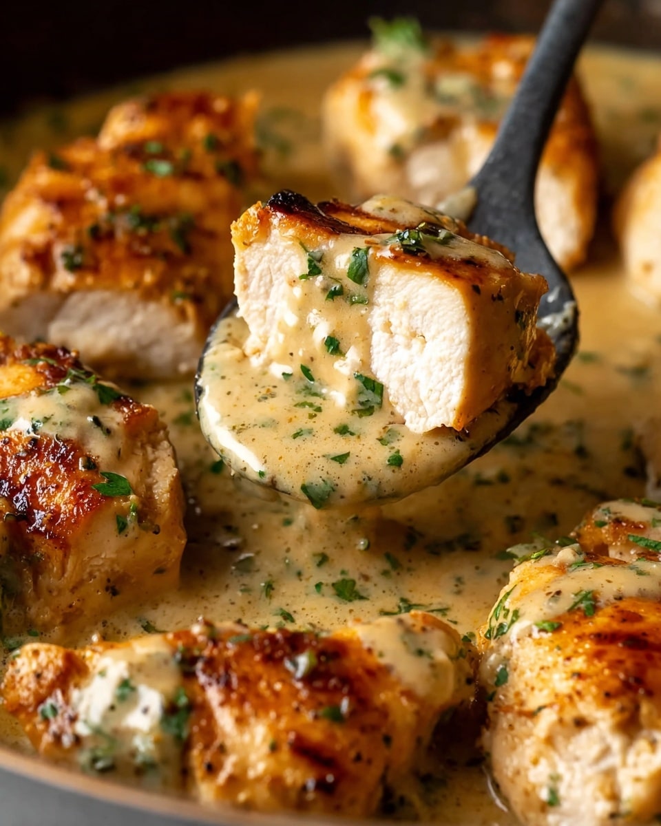 A close-up view of cooked chicken pieces arranged in a pan, each piece showing a golden-brown outer layer with a moist, tender white inside. The chicken is covered in a creamy sauce that is light beige with green herb bits scattered throughout. One piece is held up on a dark spoon, fully coated with the same thick, glossy sauce, highlighting the texture and juiciness of the meat. The background is softly blurred, focusing attention on the chicken and sauce. photo taken with an iphone --ar 4:5 --v 7