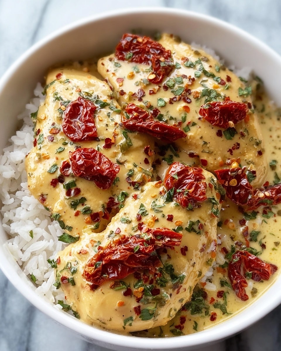A white bowl filled with a layer of white rice at the bottom, topped with three pieces of yellowish chicken cooked in a creamy sauce. The chicken pieces are covered with bright red sun-dried tomatoes and sprinkled with small green chopped herbs and red pepper flakes. The creamy sauce coats the chicken and pools slightly around the edges, creating a smooth, glossy texture. The bowl sits on a white marbled surface. photo taken with an iphone --ar 4:5 --v 7