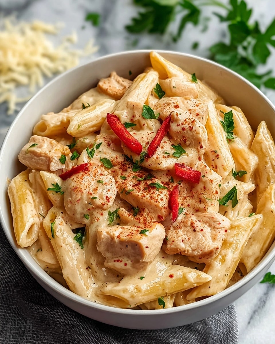 The image shows a white bowl filled with creamy pasta. The pasta is penne, light yellow in color, mixed with pieces of cooked chicken that are white with light brown edges. There are small bits of reddish-brown bacon scattered throughout, and the dish is coated in a smooth, light cream sauce with hints of spices. Finally, there are small green parsley pieces sprinkled on top for color. The bowl is placed on a white marbled surface with a light gray cloth and some green herbs visible in the background. Photo taken with an iphone --ar 4:5 --v 7