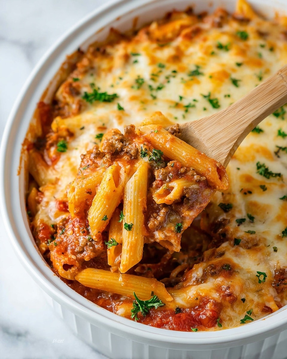 A white bowl filled with baked pasta made of three main layers: the bottom layer is a chunky red tomato sauce with ground meat and herbs, the middle layer consists of cooked penne pasta coated in sauce, and the top layer is a golden melted cheese sprinkled with green parsley. A wooden spoon holds a scoop of the pasta showing the mixture of penne, meat, tomatoes, and cheese. The bowl sits on a white marbled surface. Photo taken with an iphone --ar 4:5 --v 7