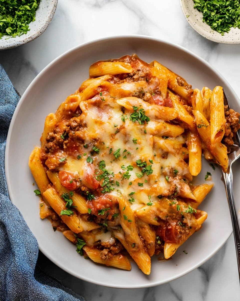 A white plate holds a serving of penne pasta mixed with a rich tomato and meat sauce. The pasta is coated with melted cheese that is light golden and slightly bubbly, spread unevenly over the top layer. Small pieces of ground meat and diced tomatoes are visible throughout, with the sauce thick and slightly glossy, pooling gently at the edges. Sprinkled chopped green herbs add a fresh touch on top. A silver fork rests on the side, lifting a small bunch of pasta. The plate is placed on a white marbled surface, with a bowl of chopped green herbs nearby. Photo taken with an iphone --ar 4:5 --v 7