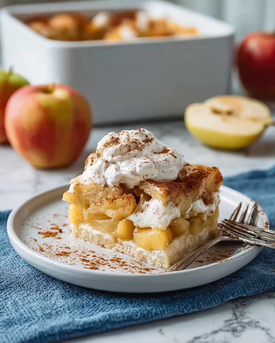 A white plate holds a slice of apple dessert with three visible layers: the bottom layer is a soft, light beige crust; the middle layer is thick with cooked apple pieces in a golden yellow color mixed with creamy white; the top layer consists of a dollop of white whipped cream sprinkled with brown cinnamon powder, with some cinnamon also dusted around the edges of the plate. A fork rests on the plate’s right side. In the background, a white baking dish with more apple dessert and two apples on a white marbled surface can be seen, and the plate is set on a blue cloth. Photo taken with an iphone --ar 4:5 --v 7
