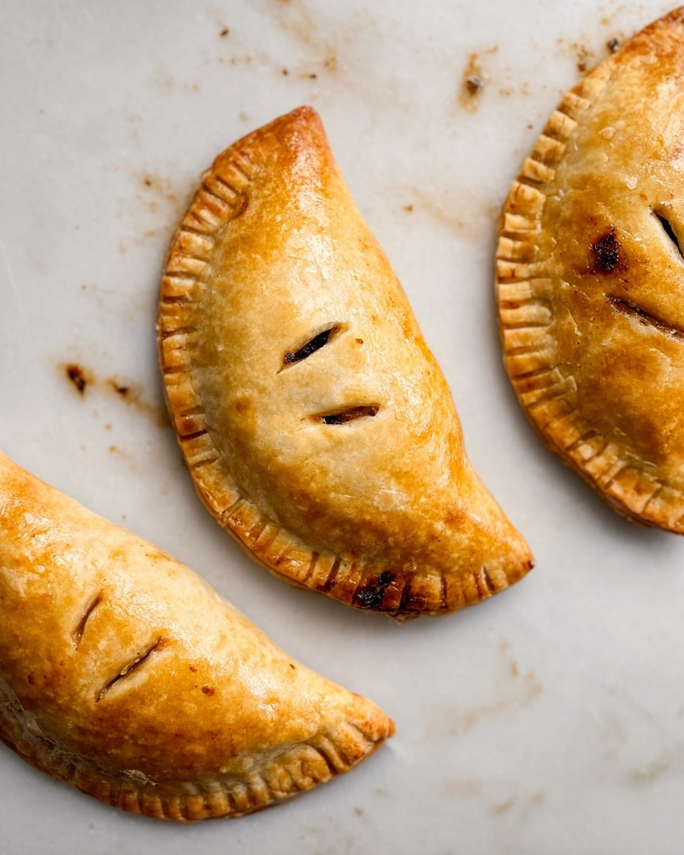 The image shows three golden-brown hand pies arranged on a white marbled surface, each with a half-moon shape and crimped edges. The top crust is shiny and smooth with three small slits near the center to allow steam to escape. The hand pies have a slightly flaky texture with some darker browned spots on the crust, suggesting they are freshly baked. The white marbled surface underneath has some scattered dark toasted crumbs and slight baking marks around the pies. photo taken with an iphone --ar 4:5 --v 7