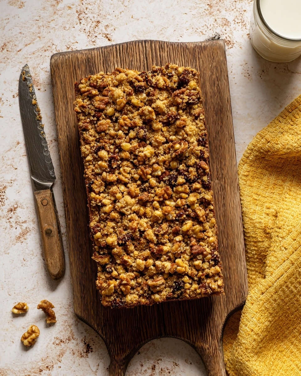 A rectangular crumble cake sits on a wooden board, with a rough, crunchy top layer made of mixed nuts and crumble bits in golden brown and darker toasted shades. The texture looks chunky with nuts clearly visible and clustered across the surface. The wooden board has a curved handle at the bottom right, and the background is a white marbled texture. On the left side, a large knife with a wooden handle rests near the board, and on the right, a glass of milk and a yellow cloth add a simple cozy touch. Photo taken with an iphone --ar 4:5 --v 7