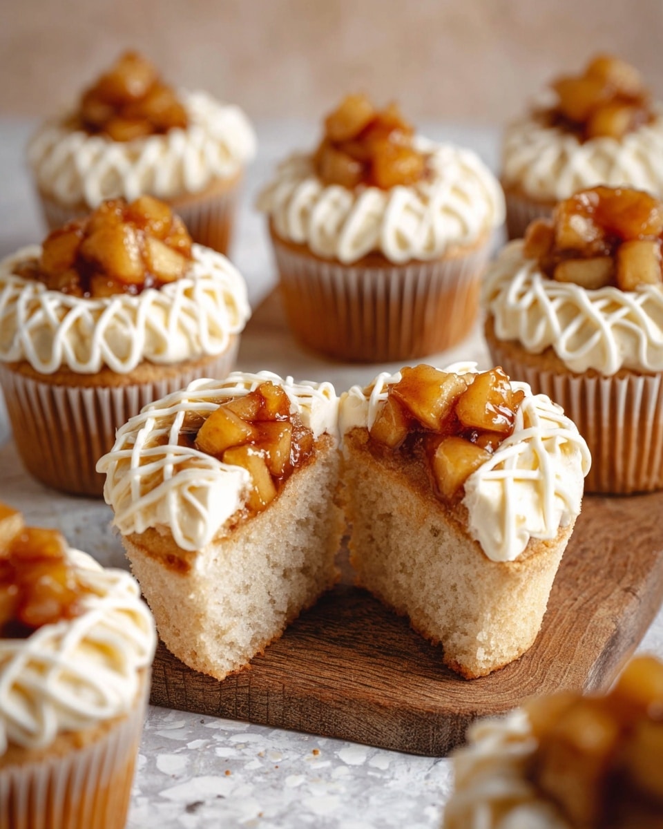The image shows a group of cupcakes on a wooden board with a white marbled surface underneath. Each cupcake has a light brown cake base with a white paper liner. On top of the cake base, there is a layer of small, glossy, caramelized apple chunks in a golden-brown color. Around the caramelized apple layer, there is a ring of white piped cream or frosting, with an additional crisscross lattice of white frosting strips on top. One cupcake is split in half at the center, showing the inside texture which is soft and spongy with the same caramelized apple filling visible. The overall look is neat, fresh, and warm in color. photo taken with an iphone --ar 4:5 --v 7