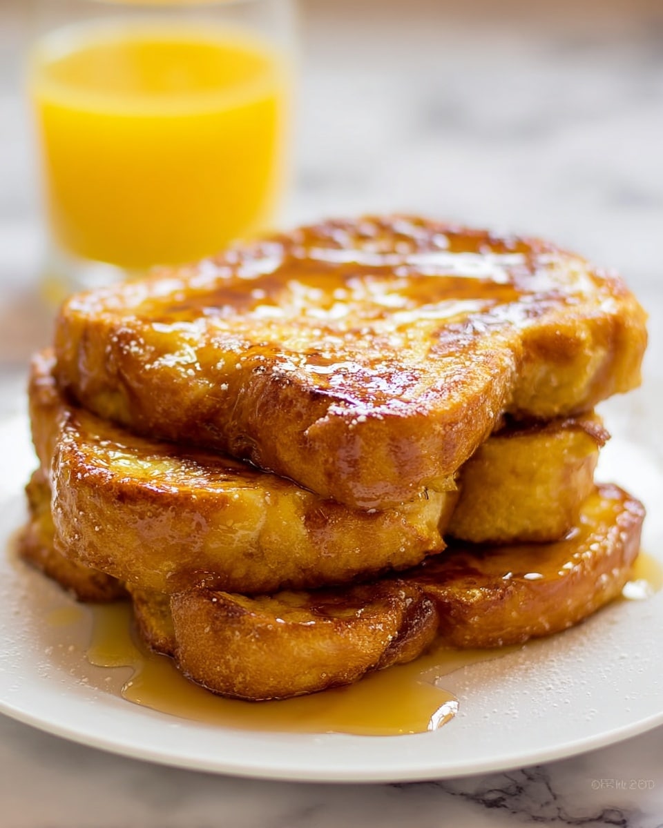 A stack of three thick slices of golden brown French toast sits on a white plate, each slice showing a crispy, slightly shiny texture from syrup drizzled on top. The top slice is the brightest, glistening with syrup, while the other two slices are a deep golden brown with soft, fluffy insides visible at the edges. In the background, a blurry glass filled with orange juice adds a splash of bright yellow color. The plate rests on a white marbled surface. photo taken with an iphone --ar 4:5 --v 7