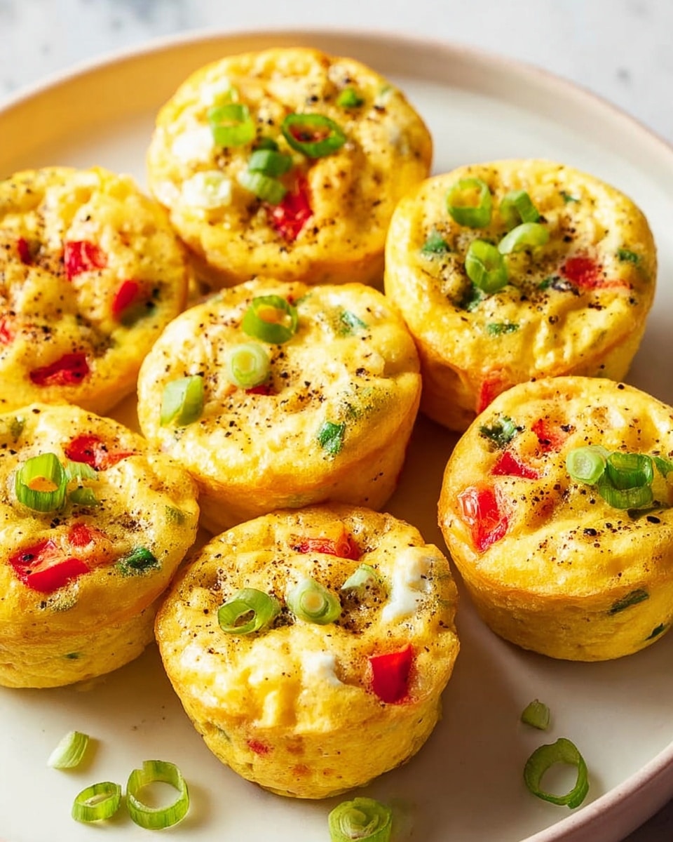 The image shows seven small, round egg muffins arranged closely on a white plate, each about two layers thick with a smooth, slightly bumpy golden yellow surface mixed with bits of white cheese and green herbs. Small chunks of red bell pepper and green onion slices are visible inside and on top of the muffins, adding pops of color. The egg muffins are slightly raised in the middle with a creamy texture, sprinkled with black pepper, and some loose green onion pieces scattered around them on the plate. The plate rests on a white marbled surface. photo taken with an iphone --ar 4:5 --v 7