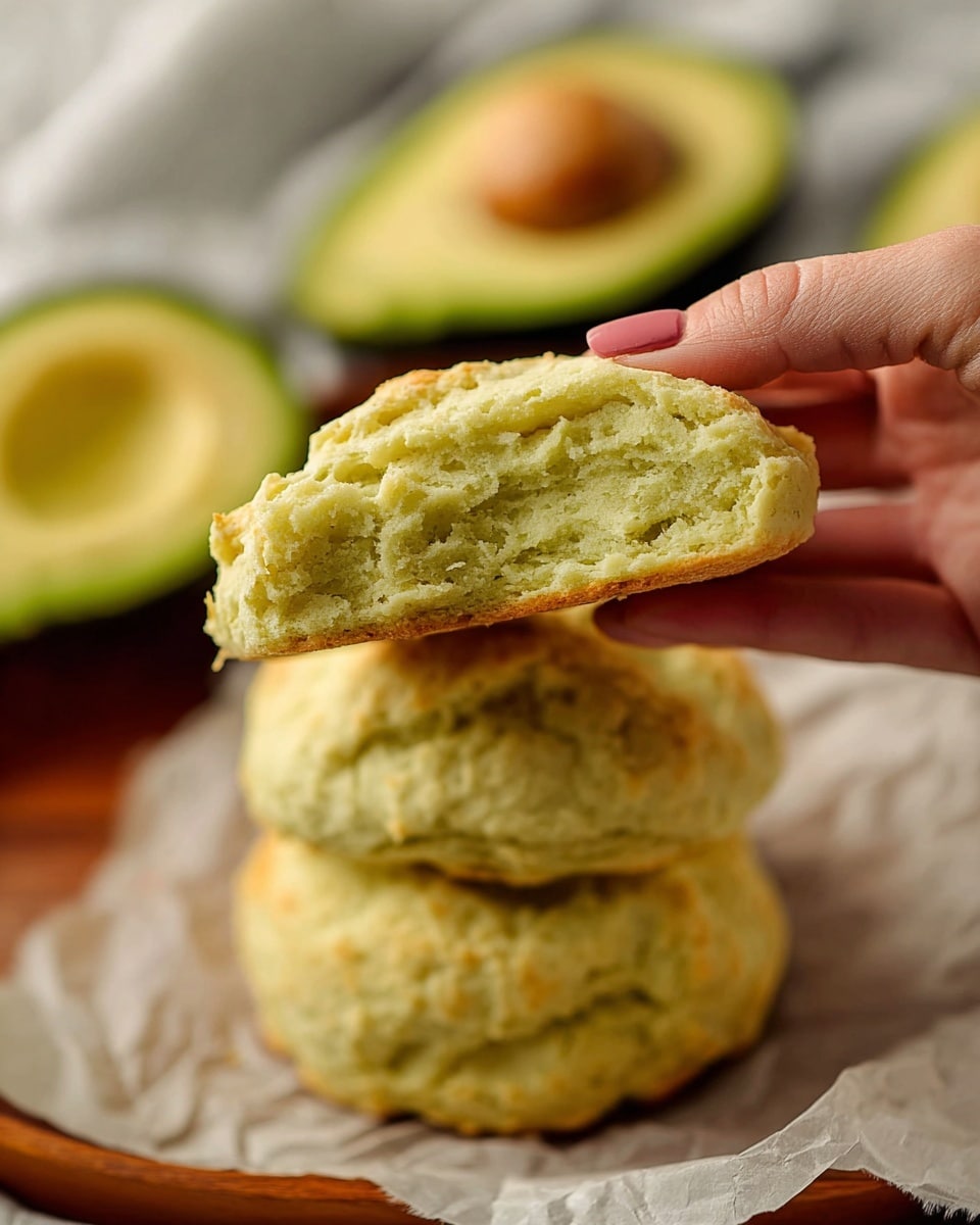 A close-up of a woman's hand holding a split biscuit showing its soft, airy, light green inside texture. Underneath, there is a stack of three more light green biscuits, all with a fluffy and porous texture, resting on parchment paper over a wooden tray. In the blurred background, there are two halves of an avocado with creamy green flesh on a white marbled surface. The colors are warm with a focus on the light green hues of the biscuits and avocado. Photo taken with an iphone --ar 4:5 --v 7