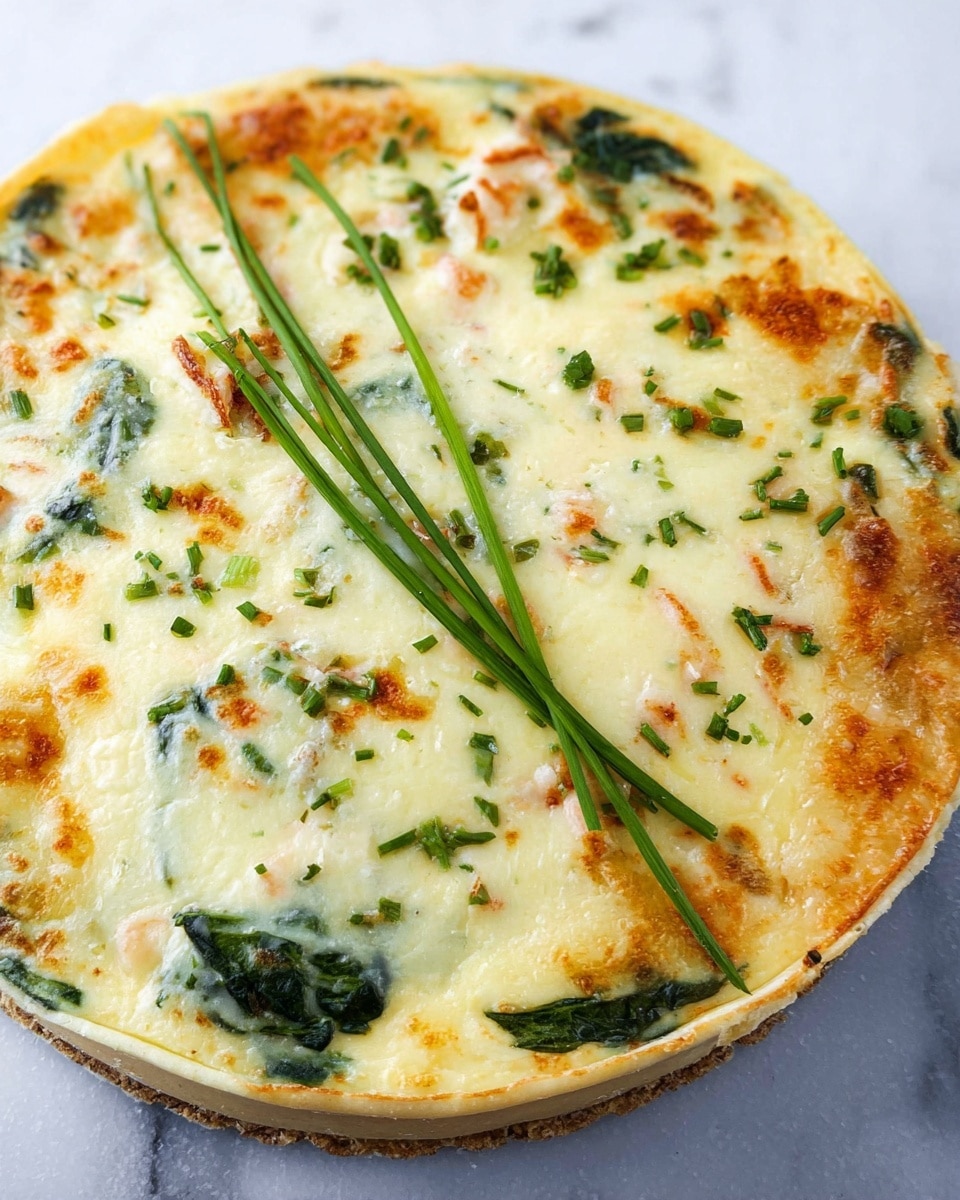 The image shows a round savory pie with three visible layers. The bottom layer is a thin, light brown crust with slightly raised edges. The middle layer is creamy white with green spinach leaves spread unevenly, some peeking through. The top layer is melted cheese, mostly white with small golden brown spots, giving it a slightly toasted look. Light green chopped chives are sprinkled on top, with a single long green chive placed diagonally across the pie. The pie is placed on a white marbled surface. photo taken with an iphone --ar 4:5 --v 7