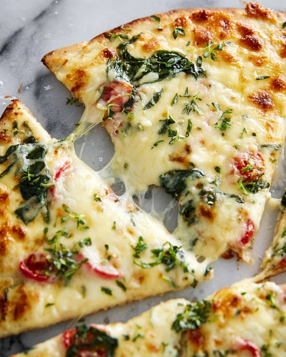 A close-up view of a pizza sliced into pieces on a white marbled surface, showing a thin, light brown crust base topped with a thick layer of melted creamy white cheese with some golden brown spots. Scattered on the cheese are fresh green spinach leaves and small red tomato chunks, along with finely chopped green herbs sprinkled evenly across the top. One slice is being pulled away, stretching stringy, gooey cheese between it and the rest of the pizza, while a woman's hand is reaching near the pizza edge. photo taken with an iphone --ar 4:5 --v 7