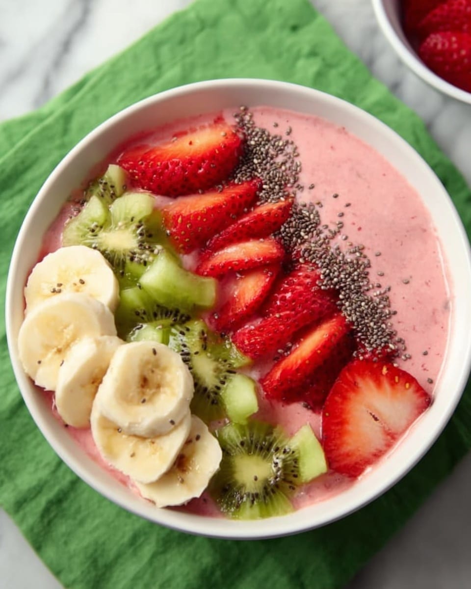 A white bowl filled with a smooth pink smoothie base, topped with three neat rows of fruit pieces: pale yellow banana slices on the left, bright red chopped strawberries in the middle, and green kiwi chunks on the right. Tiny black chia seeds are sprinkled over the fruit and smoothie, adding contrast. The bowl sits on a green cloth over a white marbled surface with part of another bowl visible on the right side. photo taken with an iphone --ar 4:5 --v 7