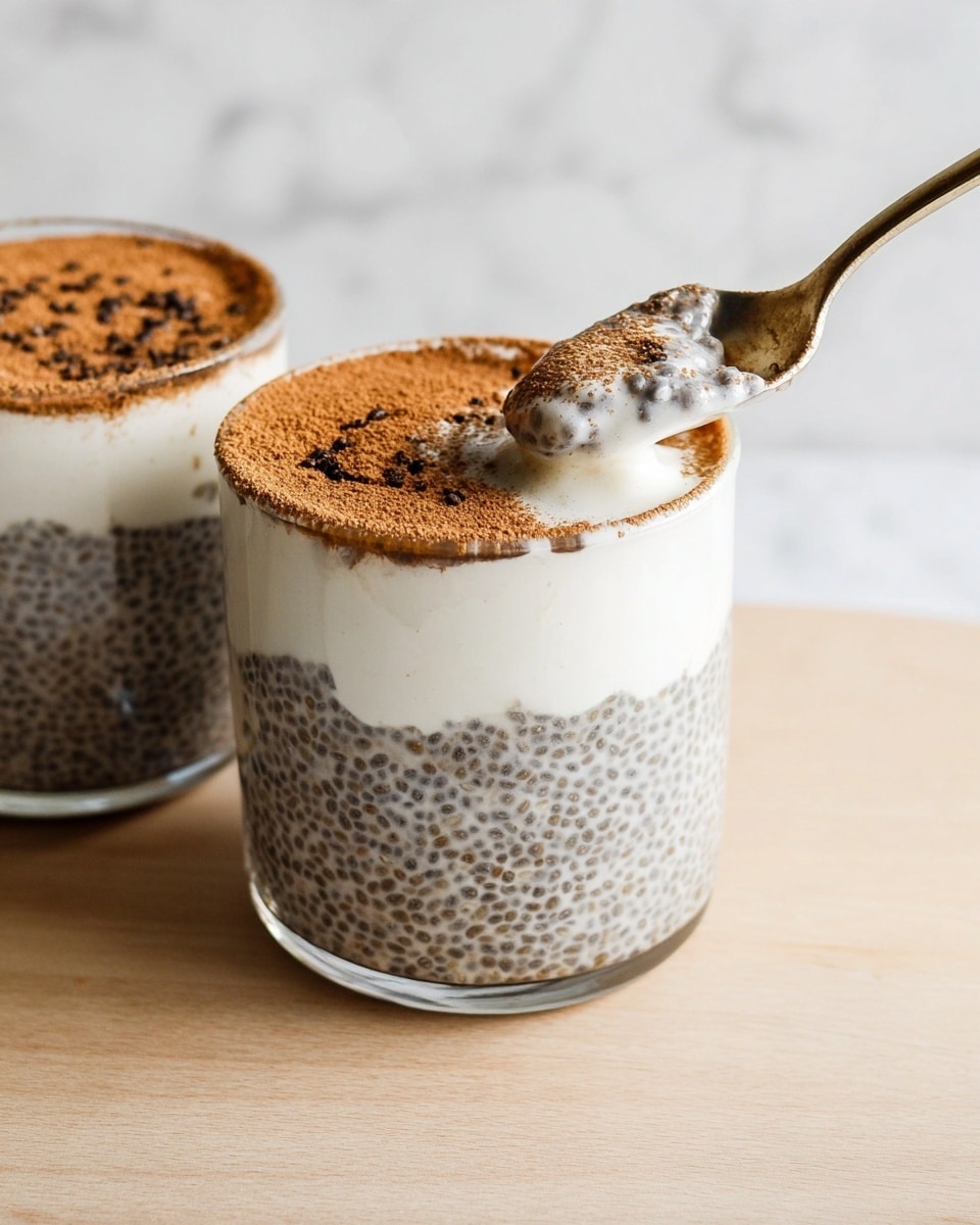 The image shows a clear glass filled with three layers: the bottom layer is thick with small black chia seeds mixed in a creamy light gray base, the middle layer is a thin white cream, and the top layer is a browned, slightly burnt foam with a rich dark brown color and a bubbly texture. A silver spoon dips into the top layer, lifting some of the creamy foam and revealing its soft, whipped consistency. The glass is set on a light wooden surface with another similar glass blurred in the background, all placed on a white marbled texture. photo taken with an iphone --ar 4:5 --v 7