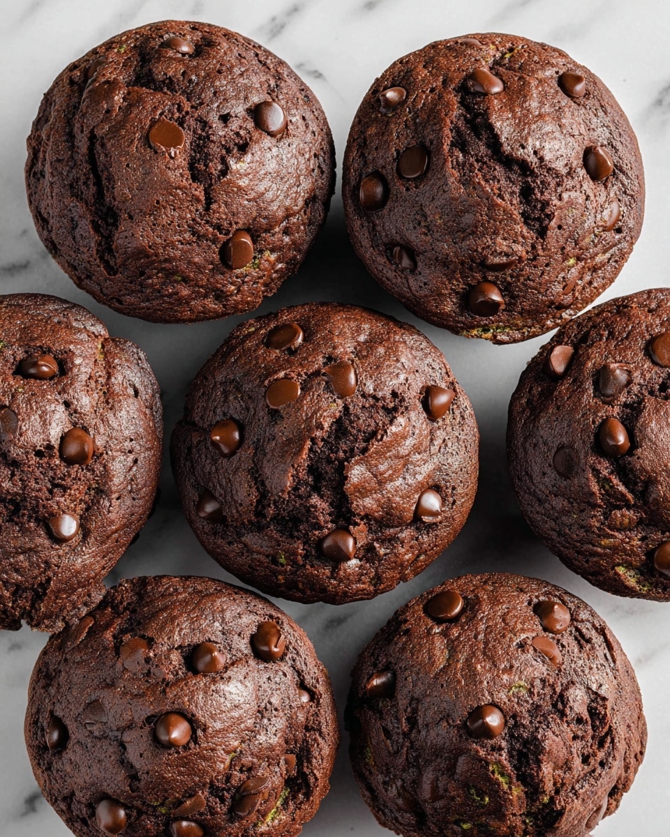 A baking tray holds twelve round, thick chocolate muffins evenly spaced in three rows. Each muffin is richly dark brown with a slightly cracked surface and is topped with scattered small chocolate chips that add texture and shine. The tray rests on a white marbled surface, with a white towel that has blue stripes partially visible near the bottom left corner. The muffins look moist and dense, filling each cup of the tray uniformly. Photo taken with an iphone --ar 4:5 --v 7