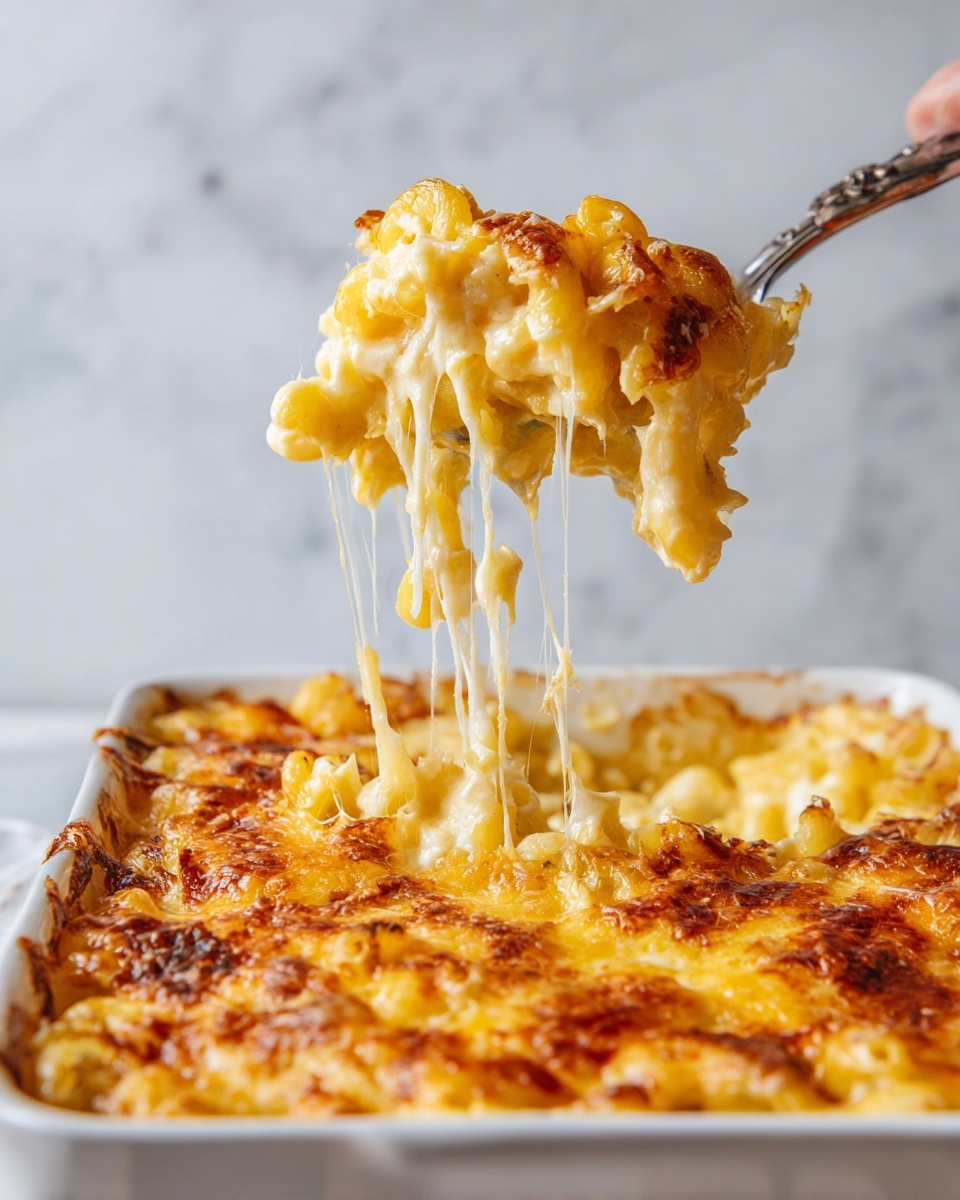 A white rectangular baking dish is filled with a thick, golden baked casserole topped with a bubbly and slightly browned layer of melted cheese that covers the entire surface. The cheese layer shows uneven patches of deep orange and lighter yellow tones with a few crispy edges curling over the sides of the dish. The casserole rests on a white marbled surface with a white cloth partially under the baking dish, a wooden spoon to the right, and a tray with a green and brown egg to the top left, next to a small bowl of ground spices. Photo taken with an iphone --ar 4:5 --v 7