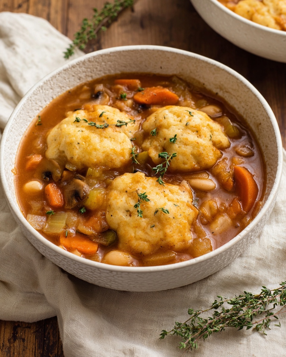 This is a top view of a gray pot filled with a stew containing seven round, golden-brown dumplings on top. The stew below them has a rich, brownish-red sauce mixed with orange carrot slices, light green celery pieces, white beans, and dark mushroom slices. Small green herb leaves are sprinkled on the dumplings and throughout the stew for a fresh look. The pot is set on a wooden surface with a beige cloth partially visible on the top left and a small white plate with green herbs on the bottom right, all placed on a white marbled texture. Photo taken with an iphone --ar 4:5 --v 7