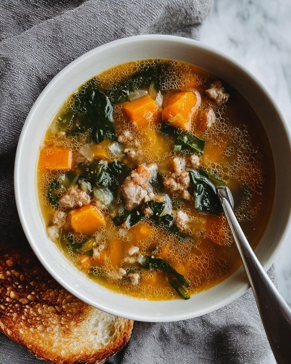 A white bowl filled with broth-based soup that has a warm golden color with tiny oil droplets on the surface. The soup contains several visible ingredients: bright orange carrot chunks, dark green leafy pieces, small bits of ground meat or grain, and translucent onion pieces. Resting on the right edge of the bowl is a thick slice of toasted bread with a golden-brown crust and a light, airy texture inside. The bowl is on a white marbled surface with a textured gray cloth nearby. Photo taken with an iphone --ar 4:5 --v 7