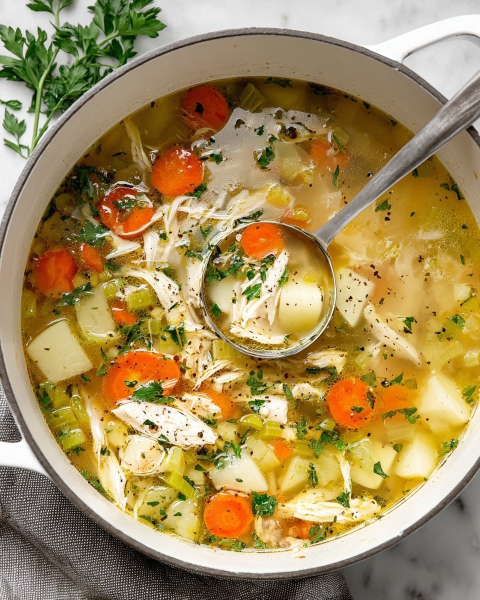 A white pot filled with clear golden broth soup featuring layers of shredded white chicken pieces, bright orange carrot slices, light green celery chunks, pale yellow potato cubes, and small specks of fresh green parsley floating on top. The soup surface has a few specks of black pepper and a silver ladle is partially submerged in the soup showing a scoop of vegetables and chicken. The pot sits on a gray cloth on a white marbled surface, with fresh parsley scattered in the background. photo taken with an iphone --ar 4:5 --v 7