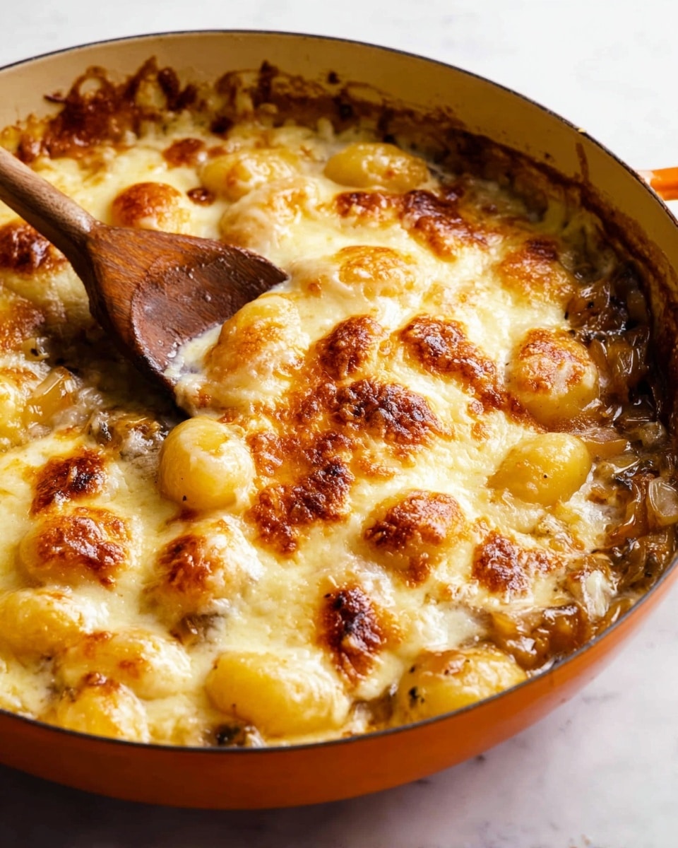 A close-up image shows a pot of thick brown stew with soft yellow gnocchi floating on top. The stew has a glossy, rich texture with visible strands of shredded meat mixed throughout. The smooth, slightly shiny gnocchi pieces are plump and scattered unevenly, some partially covered by the thick sauce. A wooden spoon is partially visible in the upper left corner, stirring the gnocchi and stew mix. The background surface has a white marbled texture. photo taken with an iphone --ar 4:5 --v 7