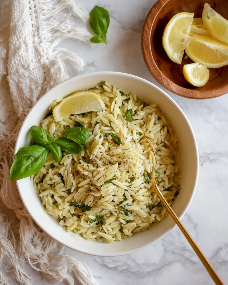 A light blue pot filled with cooked orzo mixed with green herbs, giving the pasta a speckled green look. The orzo is fluffy and evenly mixed with small green pieces throughout. On top, there are fresh green basil leaves placed as garnish. A wooden spoon with a white handle rests inside the pot on the right side. The pot sits on a round wooden board on a white marbled surface. Nearby, a white plate holds fresh green basil leaves and a small white bowl contains lemon wedges. photo taken with an iphone --ar 4:5 --v 7
