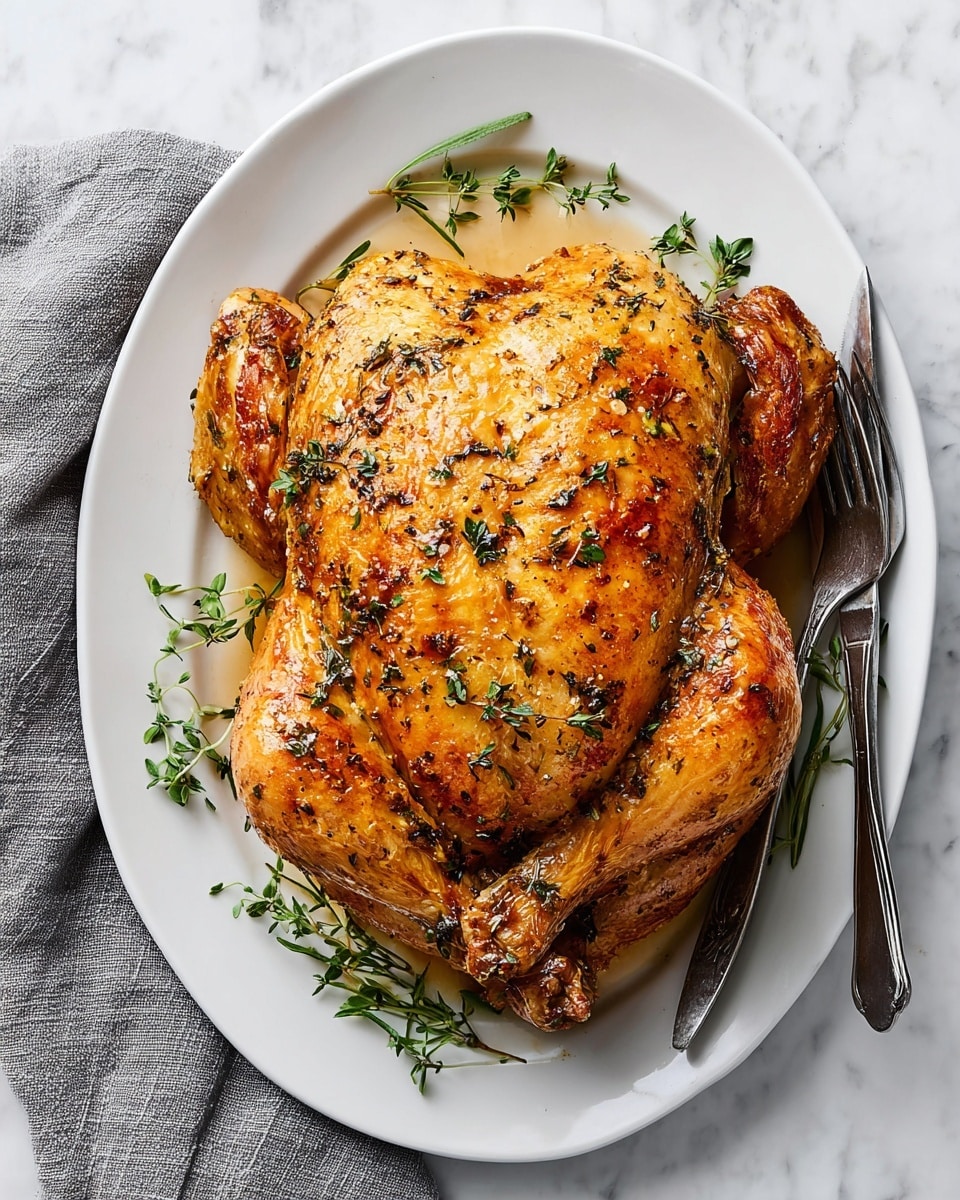 A whole roasted chicken with a golden-brown crispy skin sits centered on a white oval plate. The chicken is garnished with small green herb sprigs on top and around its body. On the plate near the top right side of the chicken, there is a silver fork and knife placed parallel to each other. The plate is set on a white marbled surface with a gray cloth napkin on the left side partially visible. Photo taken with an iphone --ar 4:5 --v 7