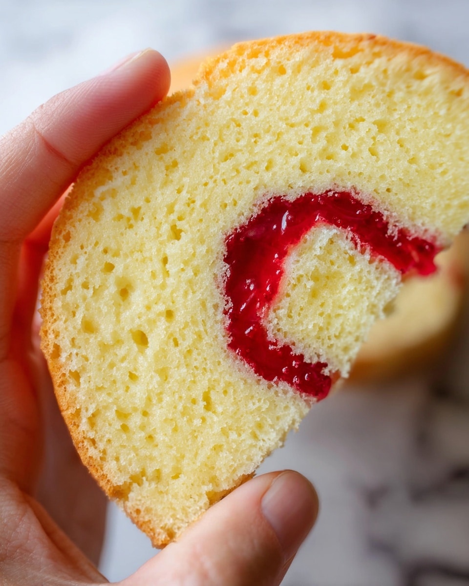 A close-up image of a round slice of yellow sponge cake showing a soft and airy texture with tiny holes. Around the center of the cake is a circular layer of bright red jelly or jam, acting as a thin ring embedded inside the cake. A woman's hand is gently holding the cake slice on the left side, with the thumb pressing slightly into the spongy surface. The background is a white marbled surface. photo taken with an iphone --ar 4:5 --v 7