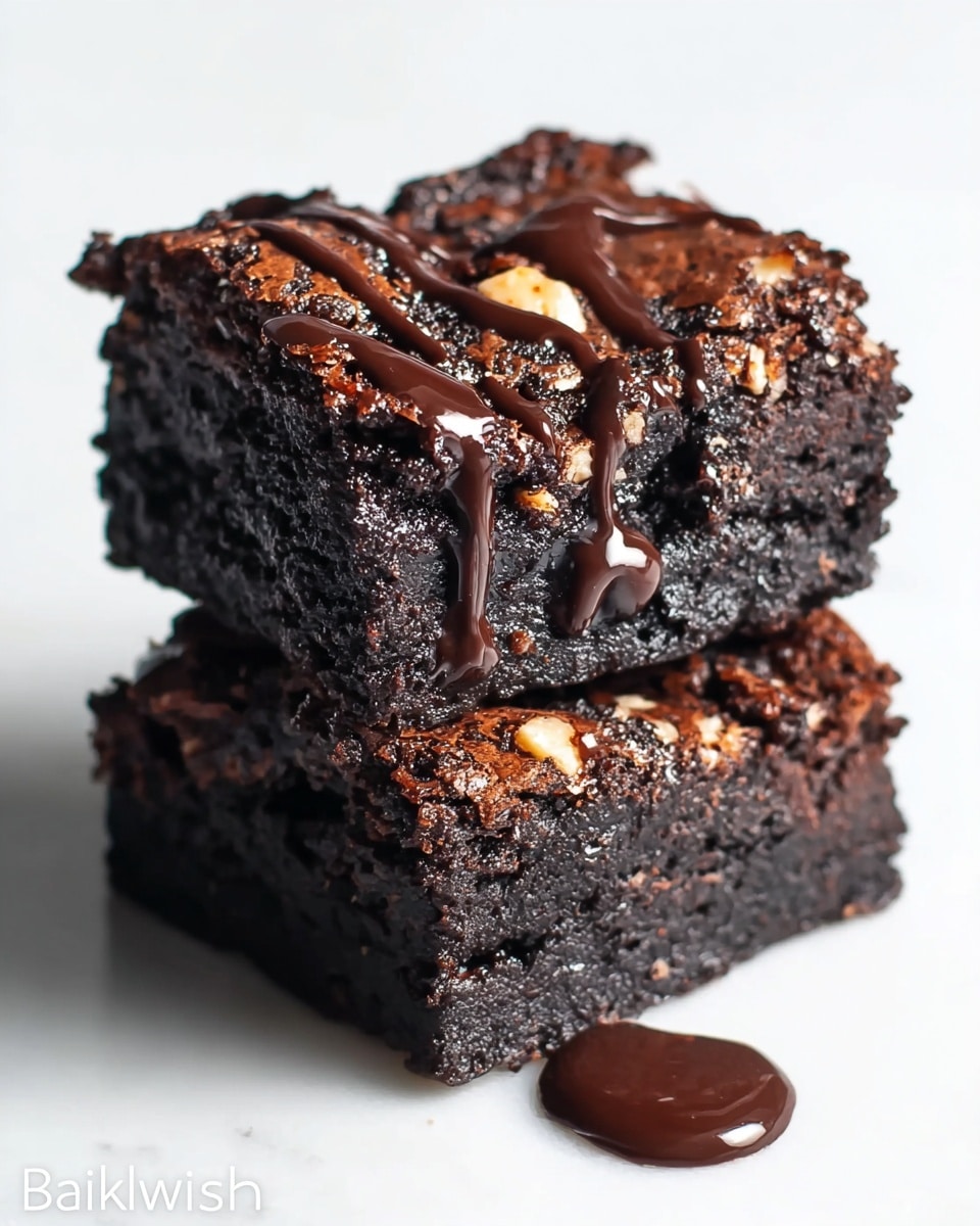 A square block of dark chocolate brownies is cut into four equal pieces, each piece showing a dense, moist texture with a shiny, cracked top layer. There are small pieces of light brown walnuts scattered unevenly on the surface of each brownie, adding slight texture contrast. The brownies rest on white parchment paper with crumb edges visible around the base. The background is a white marbled surface, giving a clean look. Photo taken with an iphone --ar 4:5 --v 7