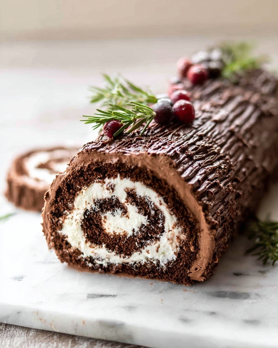 Buche de Noel: Classic Chocolate Yule Log with Creamy Filling and Festive Garnishes Recipe - Recipe Image