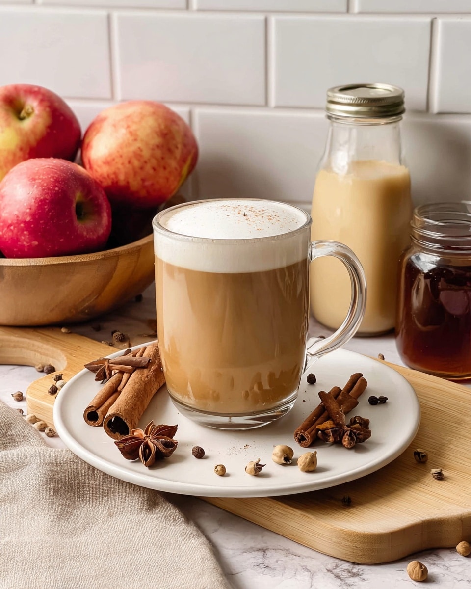 A clear glass mug is filled with a light brown coffee layer topped with white frothy milk being poured from a metallic jug held by a woman's hand from above. The mug sits on a white plate scattered with whole star anise and peppercorns. Around the plate are clear measuring jugs with liquids inside, cinnamon sticks, and a small glass jar with a wooden stick. The background is a white marbled surface with white tiled wall behind. photo taken with an iphone --ar 4:5 --v 7
