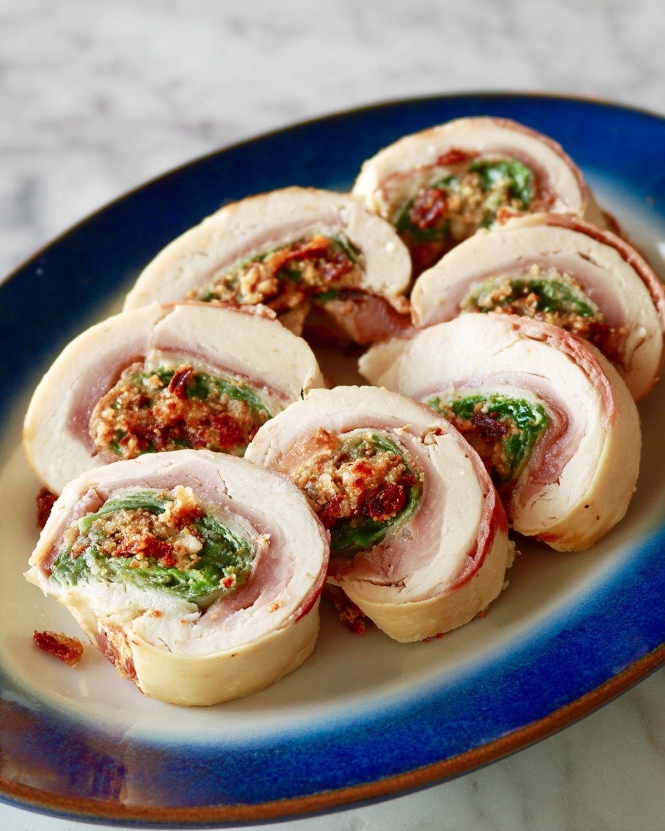 The image shows sliced rolled chicken on a wooden surface with a white marbled texture replacing the background. Each roll has three main layers: the outer layer is pale and smooth cooked chicken; inside, there’s a middle layer of green leafy spinach and thin slices of pink deli meat; the innermost layer has a reddish-brown sun-dried tomato mix with a few melted white cheese spots visible, creating a colorful, textured filling. The chicken slices have a round shape with the filling tightly wrapped inside, showing a mix of soft and slightly firm textures. photo taken with an iphone --ar 4:5 --v 7