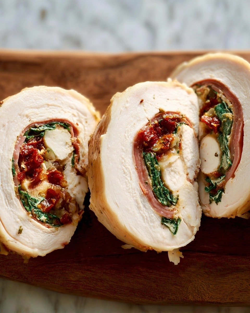 The image shows four thick round slices of a rolled dish on a white plate. Each slice has a smooth, pale outer layer that looks soft and slightly moist. Inside, there are several layers: a dark green leafy layer mixed with a reddish-brown chunky filling, and some light melted cheese. The slices are arranged close to each other on the plate, and the focus is on the front slice, showing the details of the layers inside. The plate is placed on a white marbled surface. photo taken with an iphone --ar 4:5 --v 7