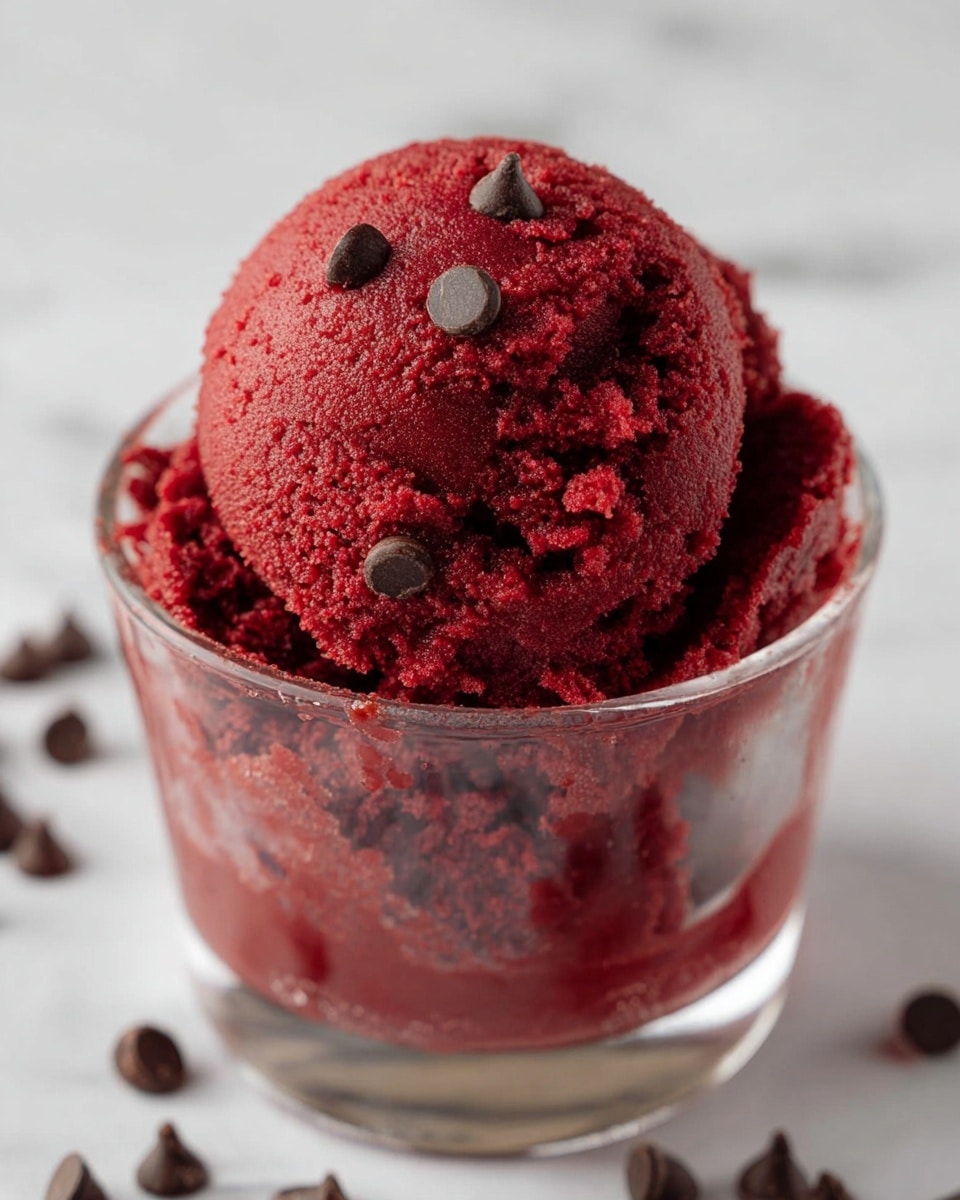 A close-up image of a single scoop of bright red ice cream, placed inside a clear glass bowl. The ice cream has a dense and smooth texture with small dark chocolate chips scattered evenly on top and nestled around the scoop. The bowl is set on a white marbled surface, with some chocolate chips blurred in the background and nearby. The ice cream scoop looks creamy and rich, creating a vivid contrast with the dark chocolate bits photo taken with an iphone --ar 4:5 --v 7
