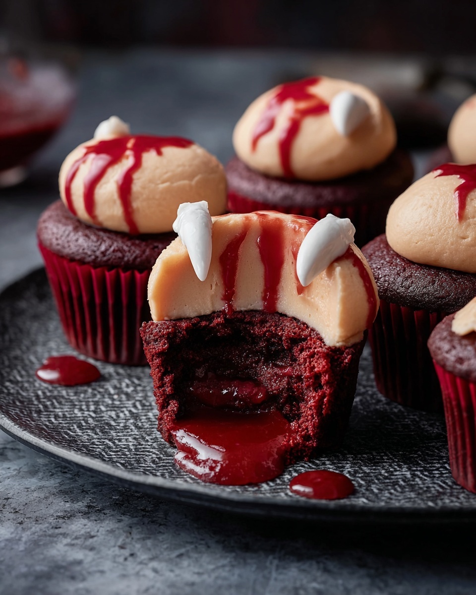 A close-up of a red velvet cupcake on a white plate with red syrup flowing onto the plate, the cupcake has two layers visible: a deep red bottom cake layer and a thick pale beige frosting layer on top with two red and white striped candy sticks inserted, each surrounded by dripping red syrup creating a
