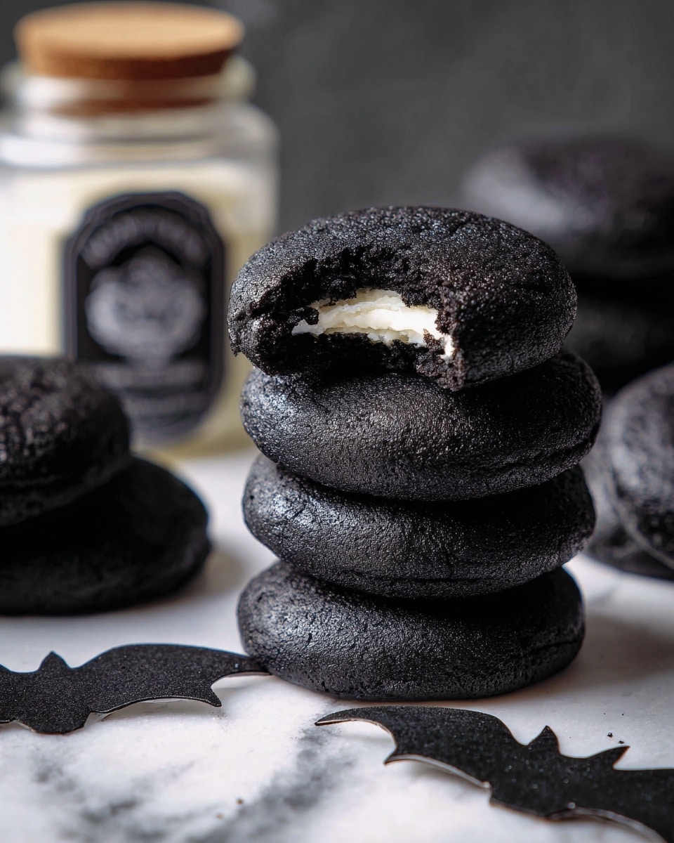 The image shows a white round plate filled with dark black cookies arranged close together, each cookie having a rough, slightly shiny texture with a faint swirl pattern on top. The plate has small black Halloween-themed icons, such as bats and cats, printed around its edge. The plate is placed on a black lace cloth with a white marbled texture underneath, creating a spooky contrast. On the right side, there are two small black jars with cork tops; one jar says 