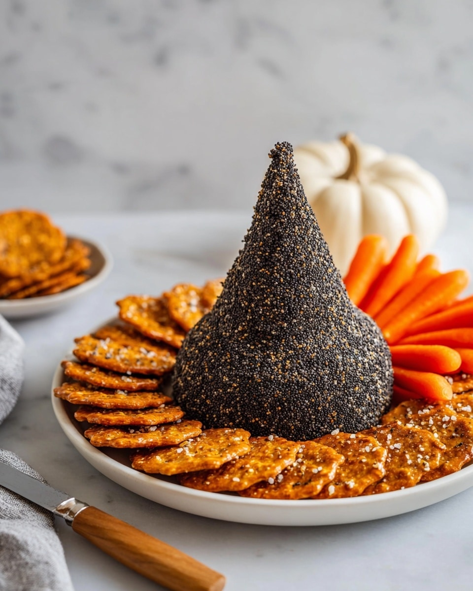 The dish features a white plate with a tall dark cone-shaped cheese ball in the center, covered with finely ground black poppy seeds giving it a rough texture and a pointy top. Around this central cone, there is a neat ring of round, orange-brown pretzel crisps with visible salt crystals, creating a crunchy contrast. On one side of the plate, there is a cluster of bright orange baby carrots placed in a fan-like shape, adding a fresh and colorful element. A butter knife with a wooden handle rests behind the cone, and a small pumpkin and white marbled surface make up the background. Photo taken with an iphone --ar 4:5 --v 7