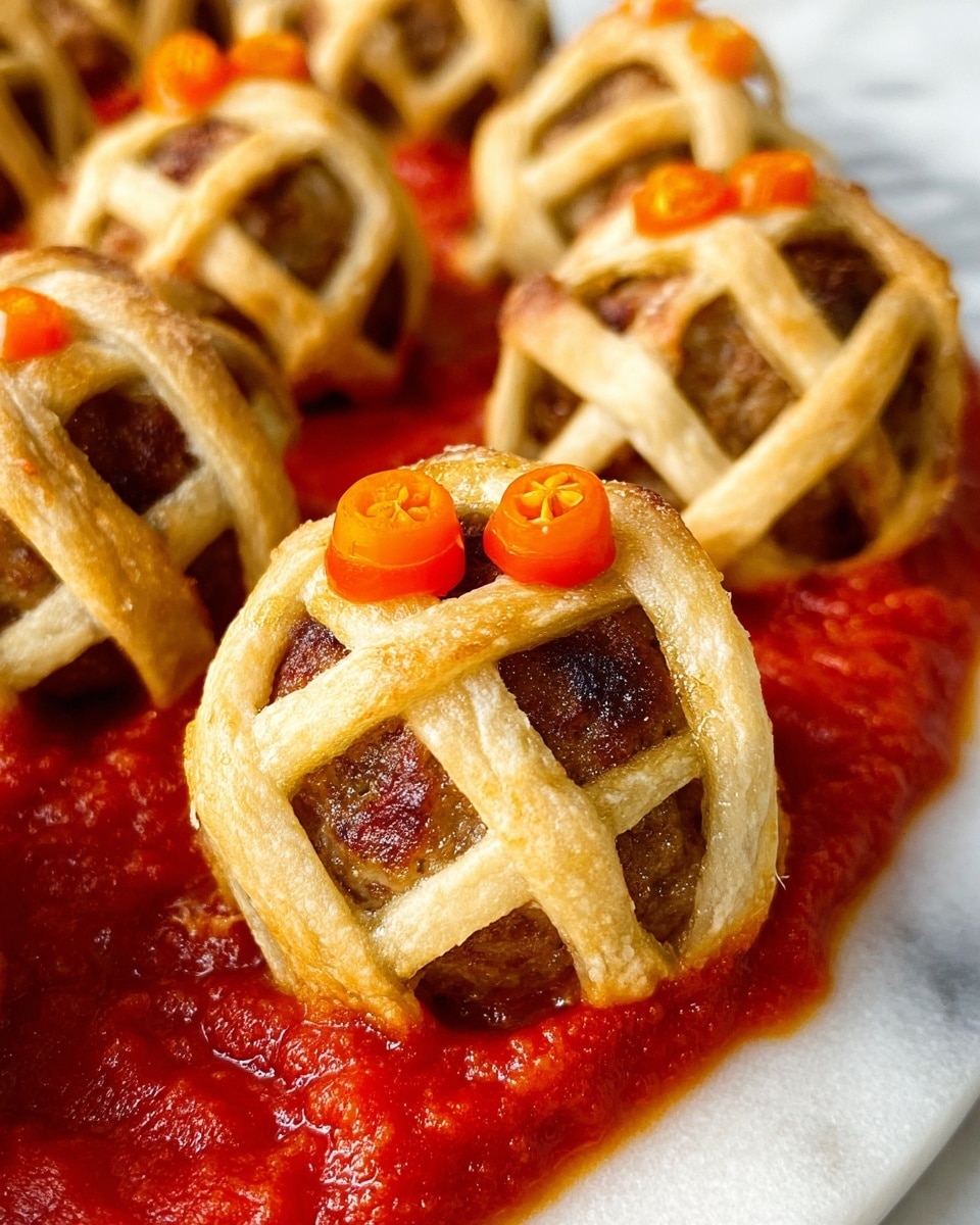 The image shows small round meatballs wrapped with thin golden pastry strips in a criss-cross pattern on a white plate, each meatball topped with two small bright red pepperoni slices. The meatballs are placed on a thick, chunky red tomato sauce that covers the bottom of the plate. The texture contrasts with the crispy golden pastry and the juicy, textured tomato sauce underneath, all set against a white marbled surface. Photo taken with an iphone --ar 4:5 --v 7