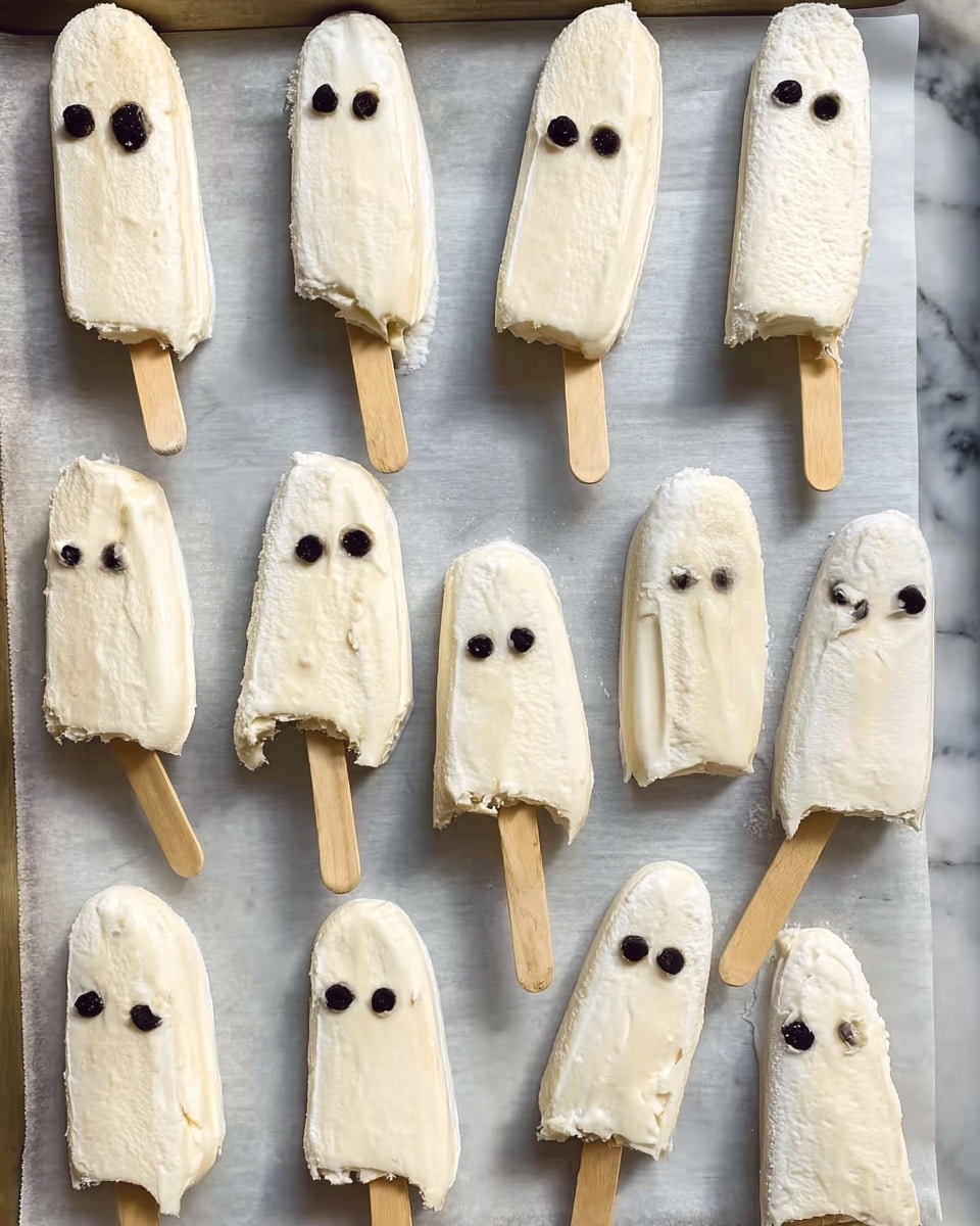 The image shows 13 popsicles arranged on a baking tray lined with parchment paper. Each popsicle is coated with a thick, white creamy layer that looks slightly uneven with soft, smooth texture. Some popsicles have two or three dark round chocolate chips placed on their top surface. Two of the popsicles near the center have soft shapes like skulls, also covered in the white cream, each with two dark round chocolate chips as eyes. The rest of the popsicles are simple rectangular shapes with rounded edges and creamy white coating on top. All popsicle sticks are light wooden sticks, protruding from the bottom of each popsicle. The tray sits on a white marbled surface. photo taken with an iphone --ar 4:5 --v 7