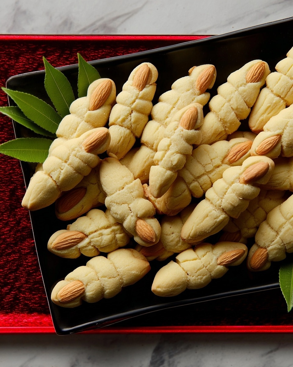 The image shows a black plate with a red border, holding many finger-shaped cookies. Each cookie looks like a pale beige finger with three indent lines to show knuckles. The tip of each cookie has a whole almond sticking out, looking like a fingernail. The cookies are arranged in a loose pile, sitting on top of green leaves that add a touch of color beneath them. The background is a white marbled surface with some wooden texture visible at the edge. Photo taken with an iphone --ar 4:5 --v 7