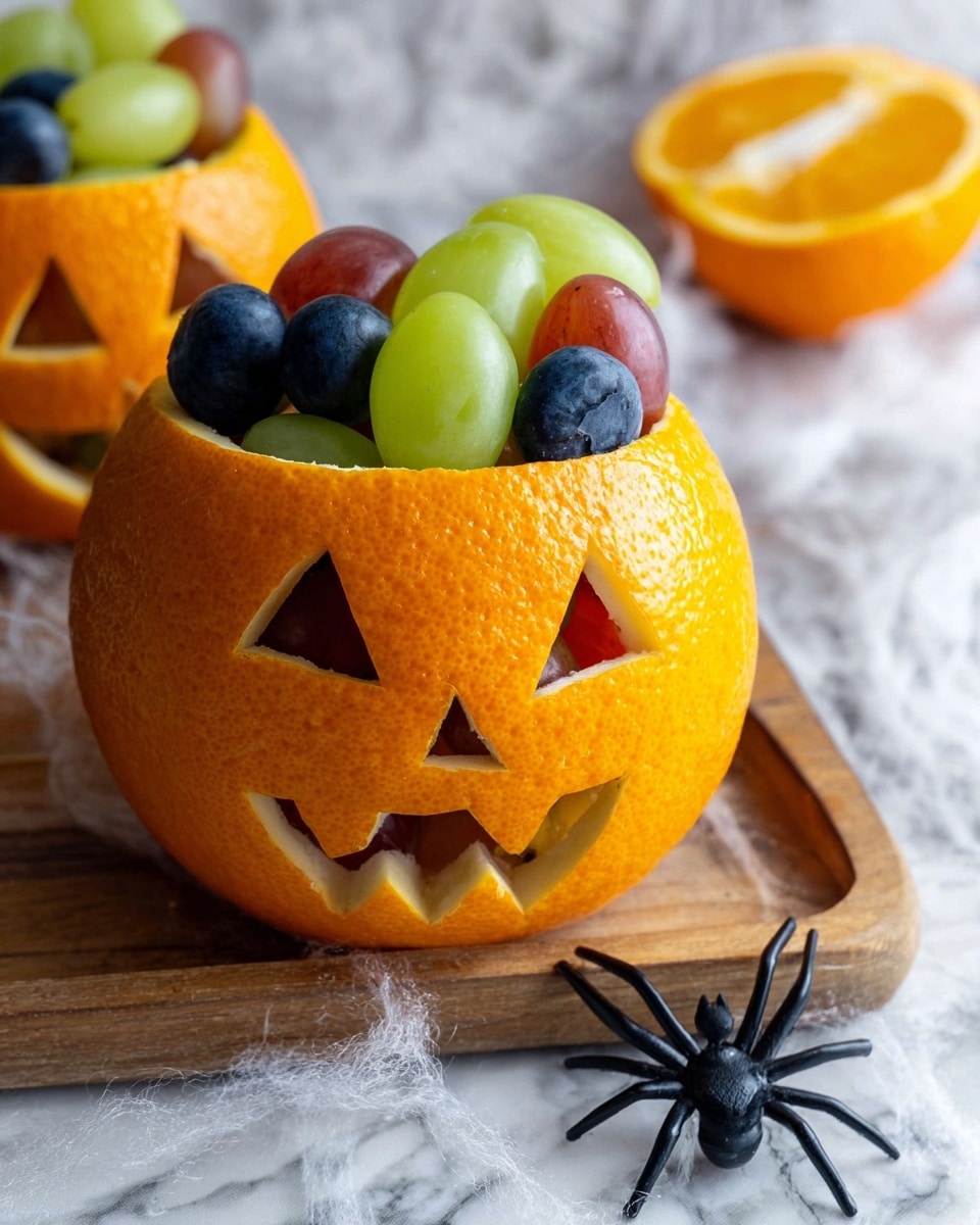 The image shows an orange carved like a jack-o'-lantern with triangular eyes and a jagged mouth, filled with mixed fruits like green grapes, red grapes, and blueberries from inside. The orange top is cut in a zigzag pattern and placed slightly behind, revealing the fruit inside. The carved orange sits on a wooden board with a plastic black spider decoration nearby. The background is a white marbled texture with some white cobwebs scattered around. photo taken with an iphone --ar 4:5 --v 7