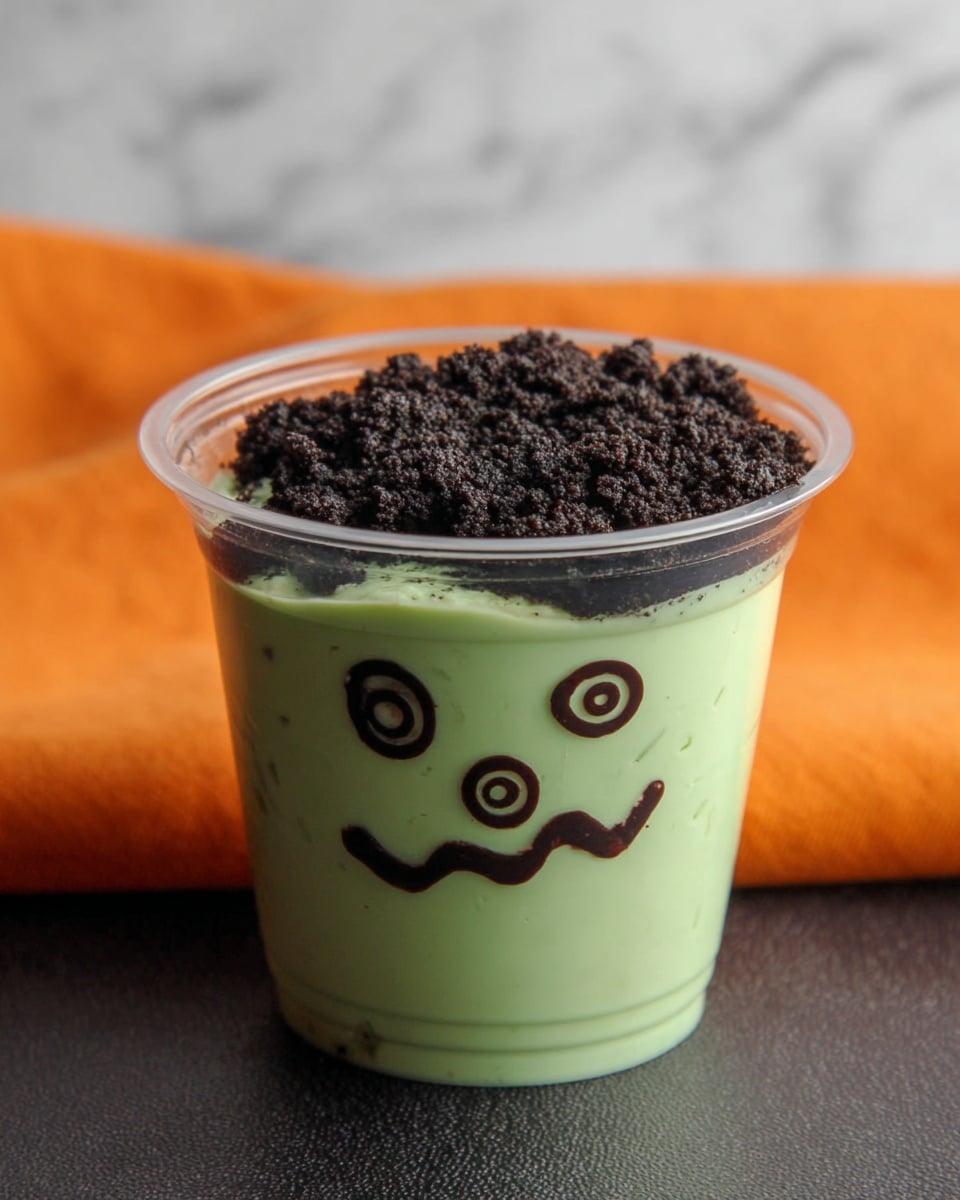 A clear plastic cup holds two layers: the bottom layer is a smooth, light green dessert filling that takes up about two-thirds of the cup; the top layer is a dark, crumbly texture resembling crushed cookies that covers the green layer fully. The cup has a simple face drawn on it with dark lines, including two eyes, a nose, a wavy mouth, and circles around the sides. The cup sits on a dark surface with an orange cloth softly seen behind it against a white marbled background. photo taken with an iphone --ar 4:5 --v 7