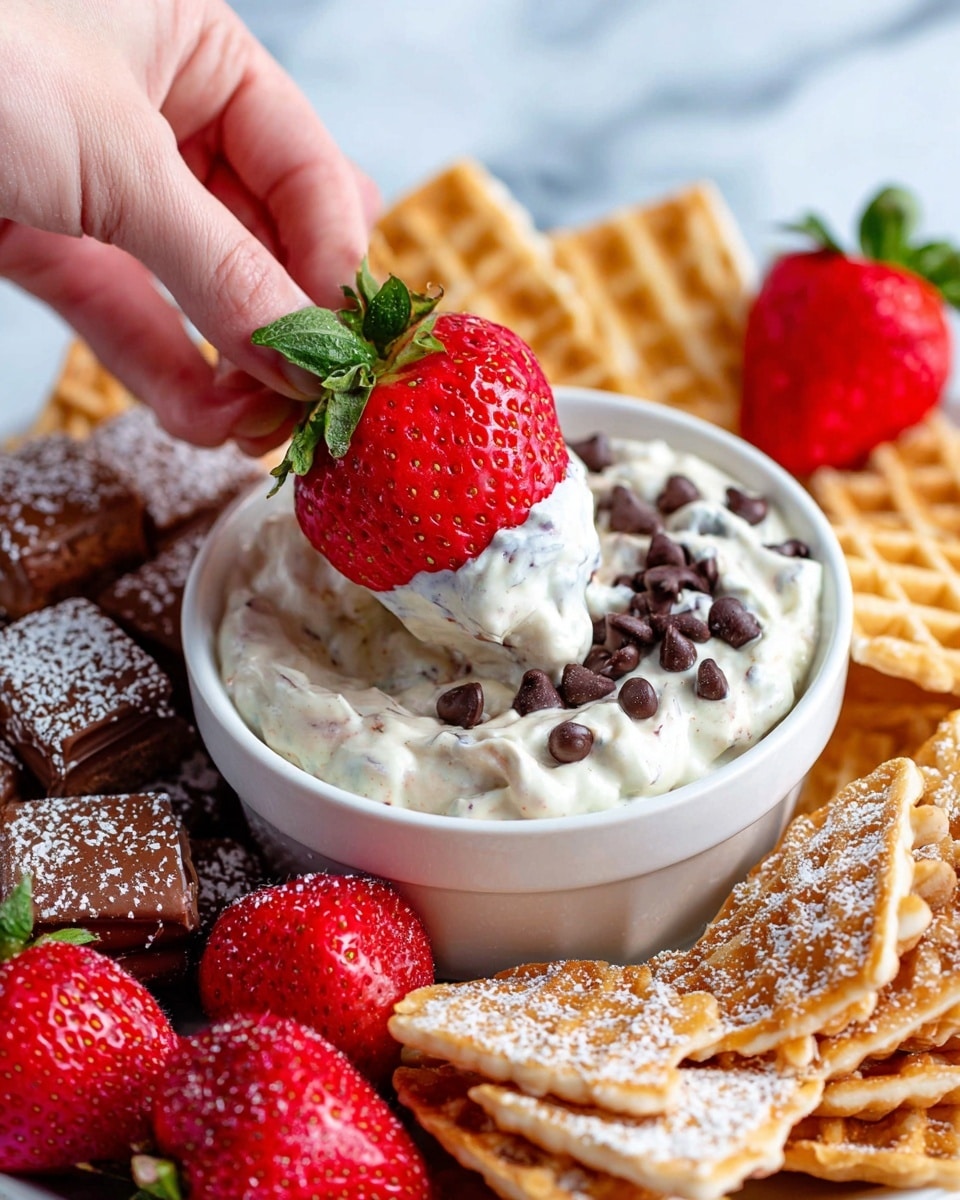 A white bowl filled with creamy white dip mixed with small dark chocolate chips is in the center. A woman's hand holds a bright red strawberry, dipped into the dip. Around the bowl, there are red strawberries with green leaves, golden brown waffle pieces, and square biscuits topped with milk chocolate and light dusting of powdered sugar. The background has a white marbled texture. photo taken with an iphone --ar 4:5 --v 7
