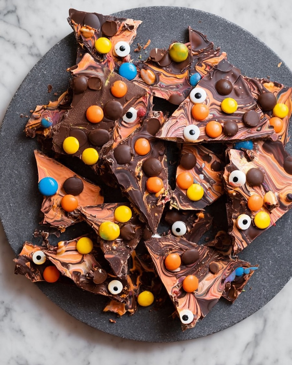 A woman's hand with white-painted nails holds a piece of dark chocolate bark with swirls of light orange and beige. The chocolate piece has layers of smooth, glossy dark brown as the base with marbled streaks of the lighter shades on top. It is decorated with small round candy pieces, including one yellow, one brown, and a candy designed to look like a pink and white brain with a blue base. Tiny pink nonpareils are scattered over the chocolate. More pieces of the same chocolate bark lie in the background on a white marbled surface. photo taken with an iphone --ar 4:5 --v 7